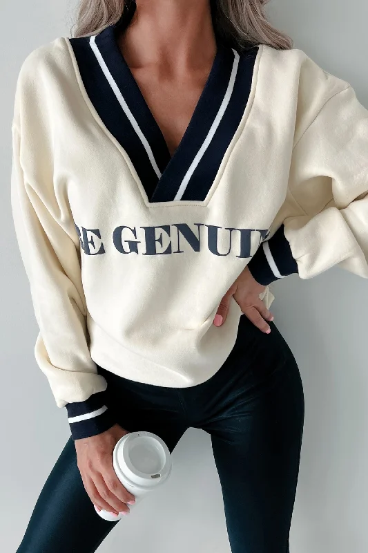 "Be Genuine" Varsity Stripe Graphic Sweater (Cream)