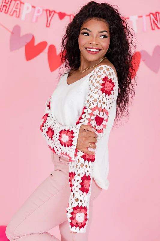 Hello Lover Pink And Ivory Crochet Heart Sleeve Sweater FINAL SALE