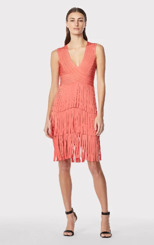 V NECK FRINGED MIDI DRESS