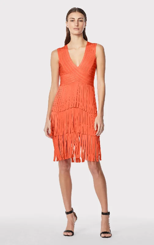 V NECK FRINGED MIDI DRESS