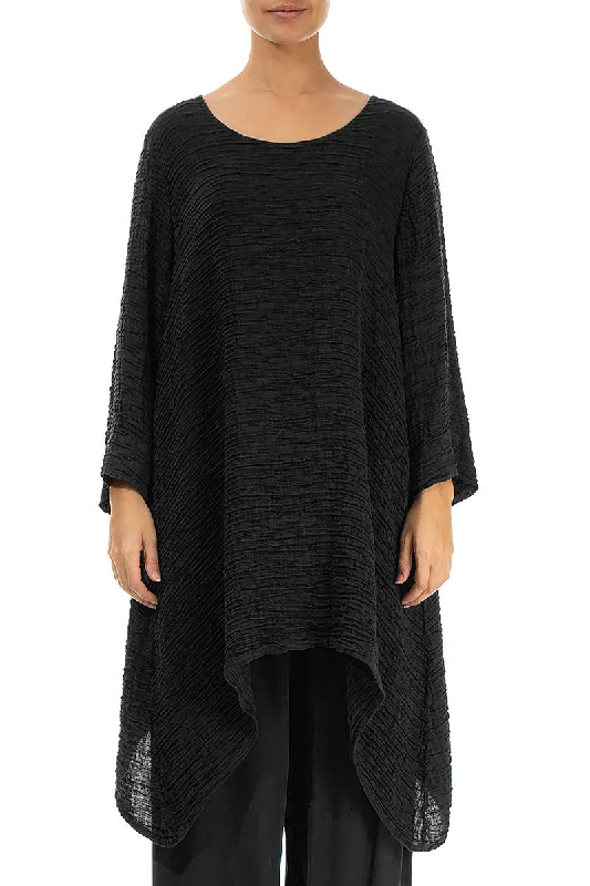 Dropped Edge Black Crinkled Silk Tunic