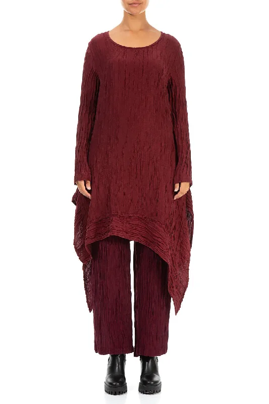 Longer Sides Crinkled Dark Red Silk Tunic Dress