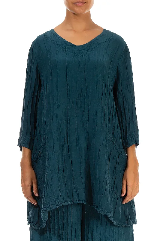 Twin Pockets Crinkled Dark Teal Silk Linen Tunic