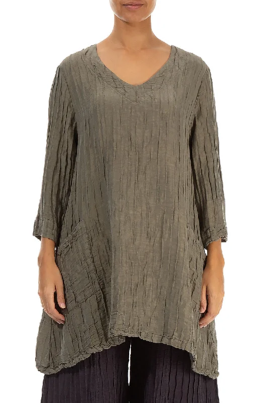 Twin Pockets Crinkled Silver Sage Silk Linen Tunic