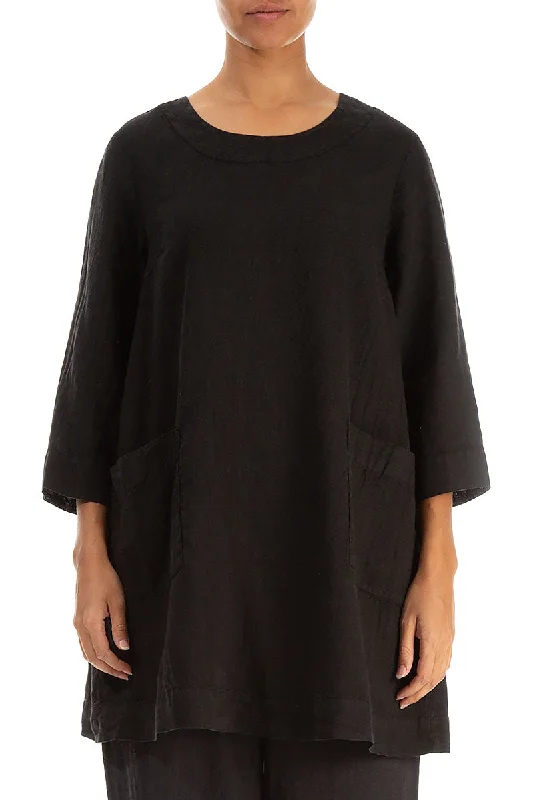 Two Pockets Black Linen Tunic