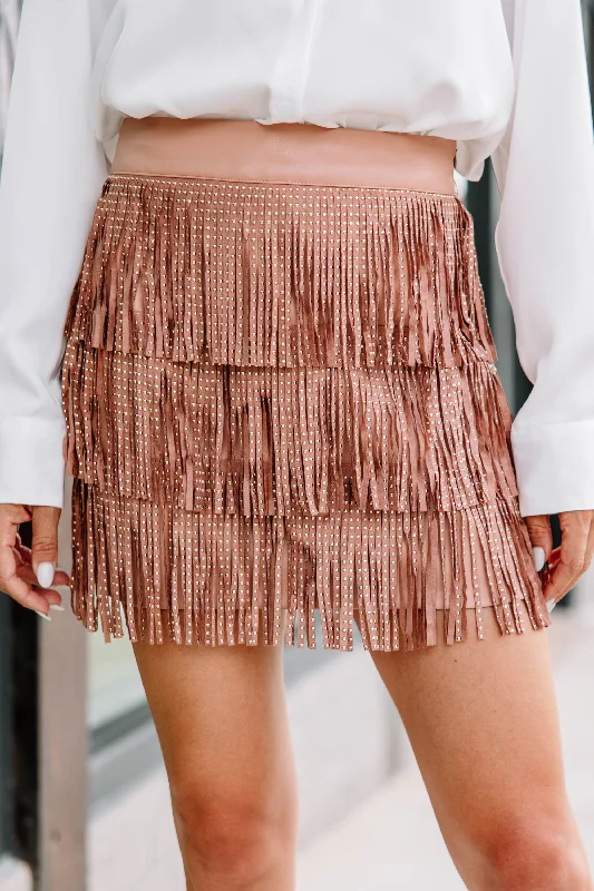 Living The Dream Light Camel Brown Fringe Skirt