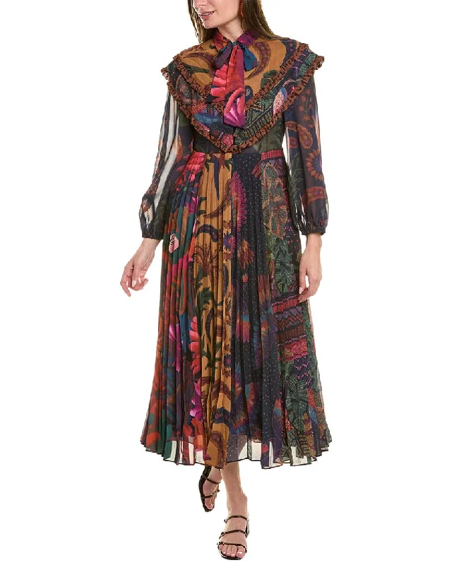 FARM Rio Mixed Prints Pleated Maxi Dress