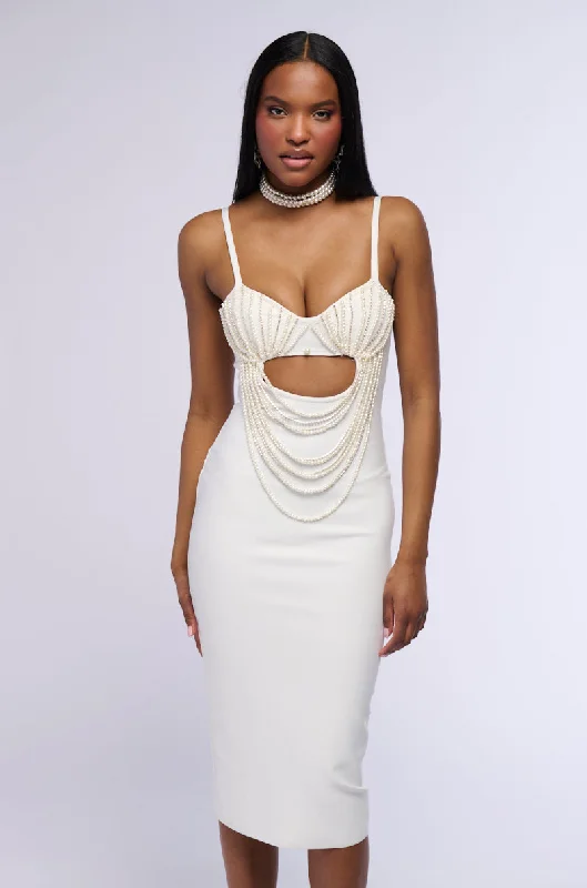 HARRIET DRAPED PEARL BODYCON MIDI DRESS IN WHITE