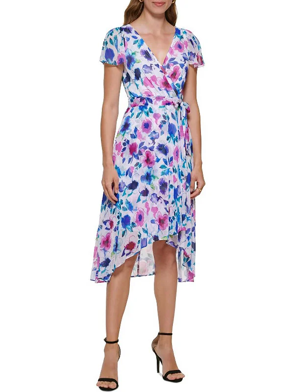 Womens Floral Print Midi Wrap Dress