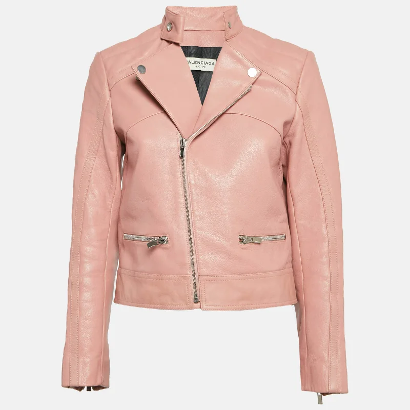 Balenciaga Pink Leather Zipper Detail Rider Jacket