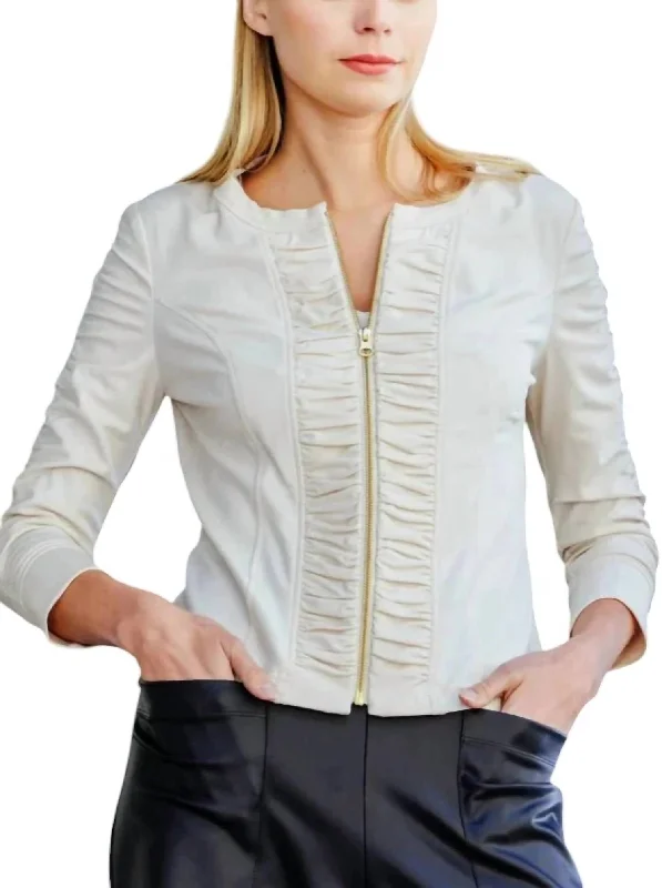 Liquid Leather Ruched Zip Jacket In Ivory