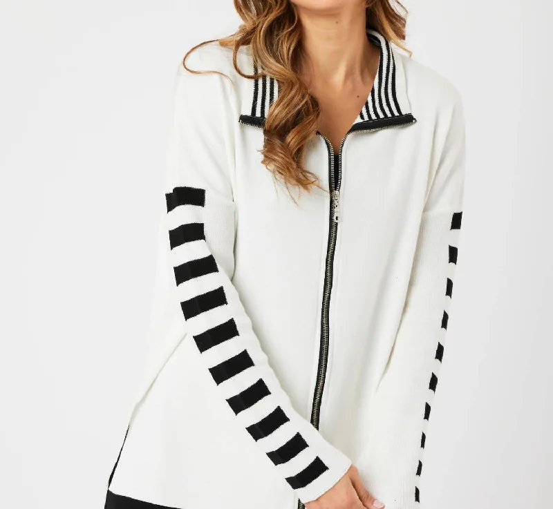 Stripe Sleeve Zip Jacket In Ivory/black