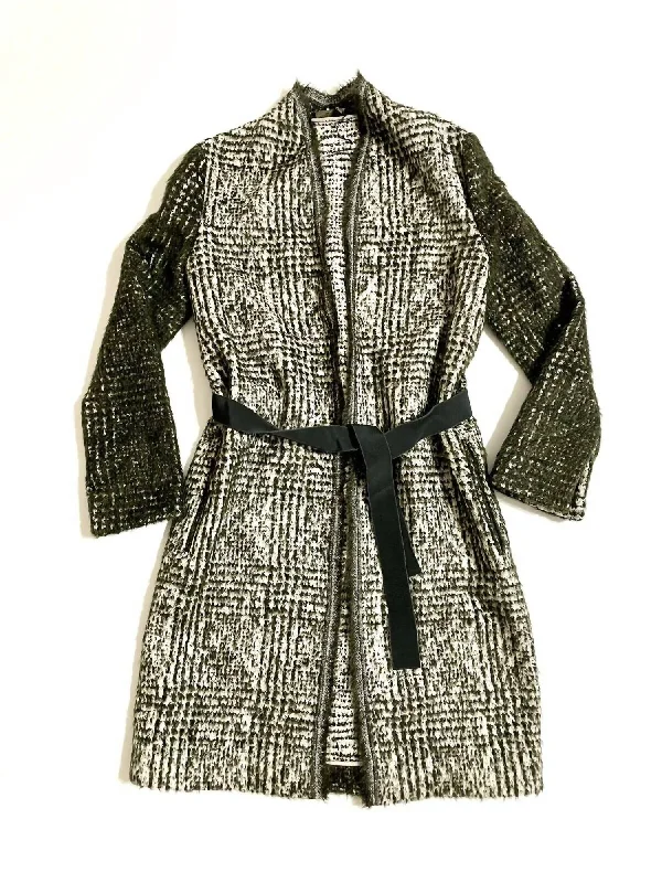 Women's Wool Belted Open Front Coat In Green/white