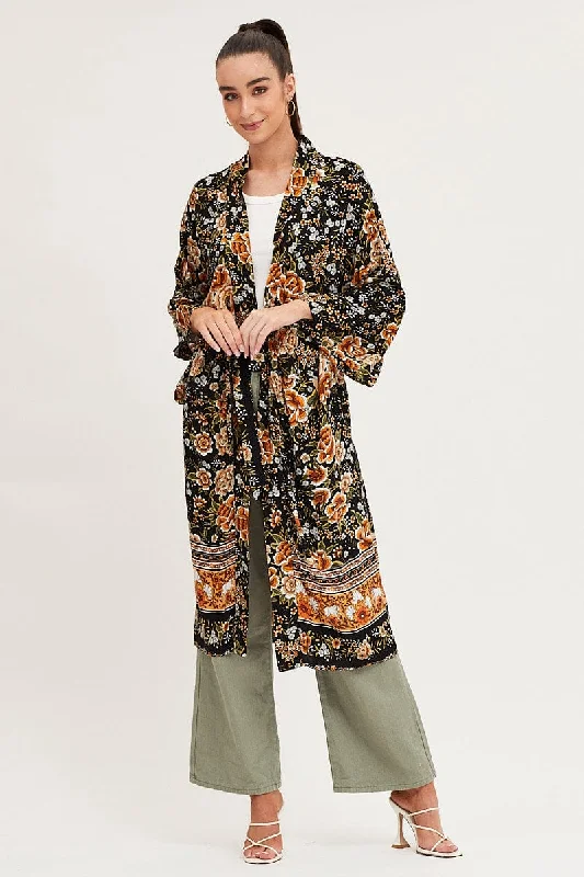 Boho Print Long Sleeve Longline Kimono