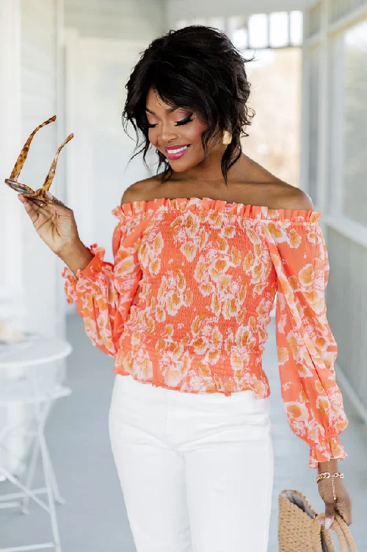 On A Whim Orange Floral Smocked Long Sleeve Blouse FINAL SALE