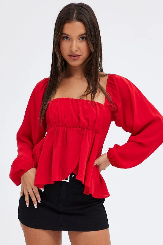 Red Top Long Sleeve Square Neck Shirred Ruched