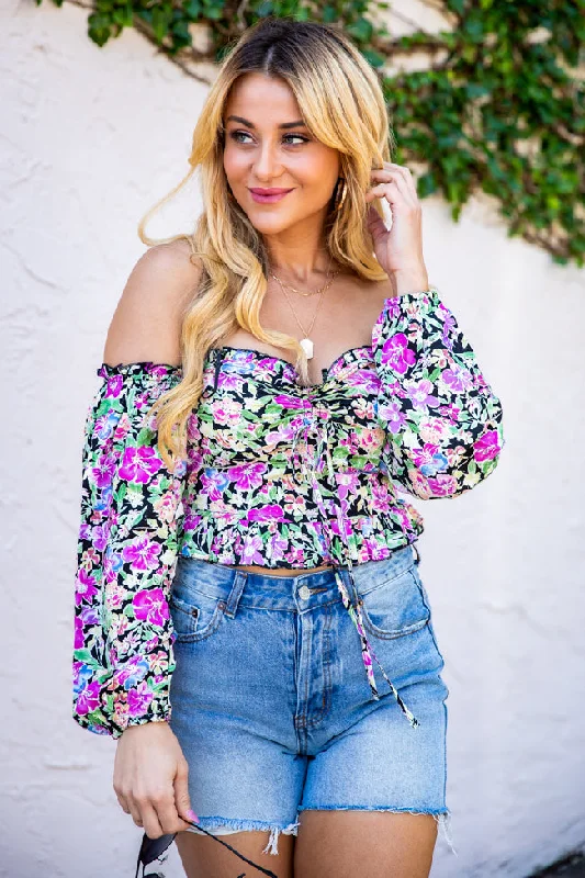 Sonic Blooms Black Floral Off The Shoulder Long Sleeve Blouse FINAL SALE